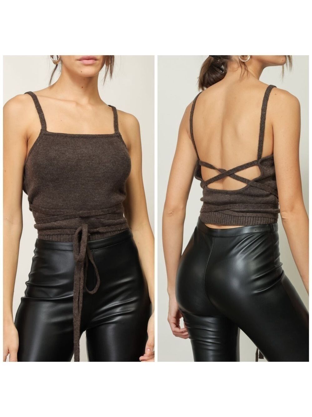 Line And Dot Megan Wrap Open Back Knit Cropped Sweater Top in Camel Brown